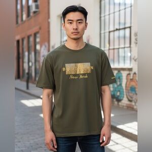 #34 Brooklyn Cloth Olive Tee with Yellow Print